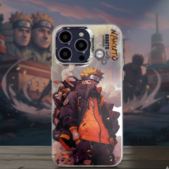 Phone case with anime character design on a wooden surface with a blurred background