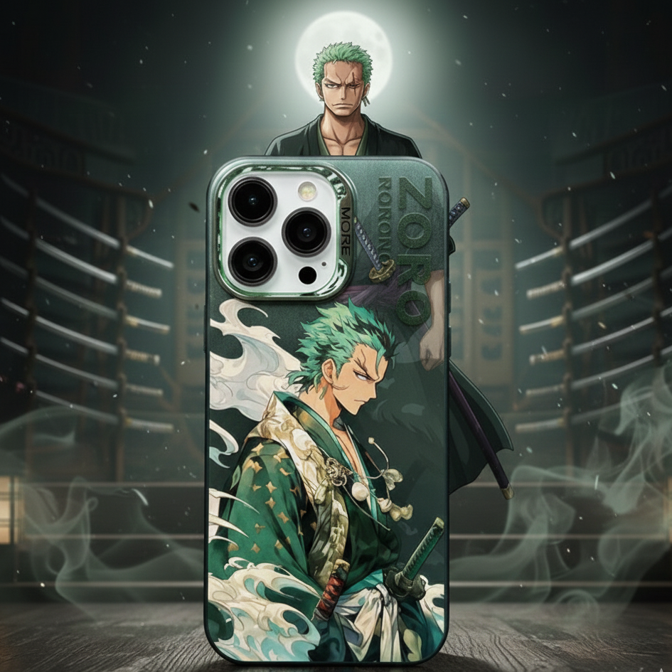 Phone case with anime character design on a dark background