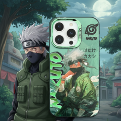 Phone case with anime character design against a village background