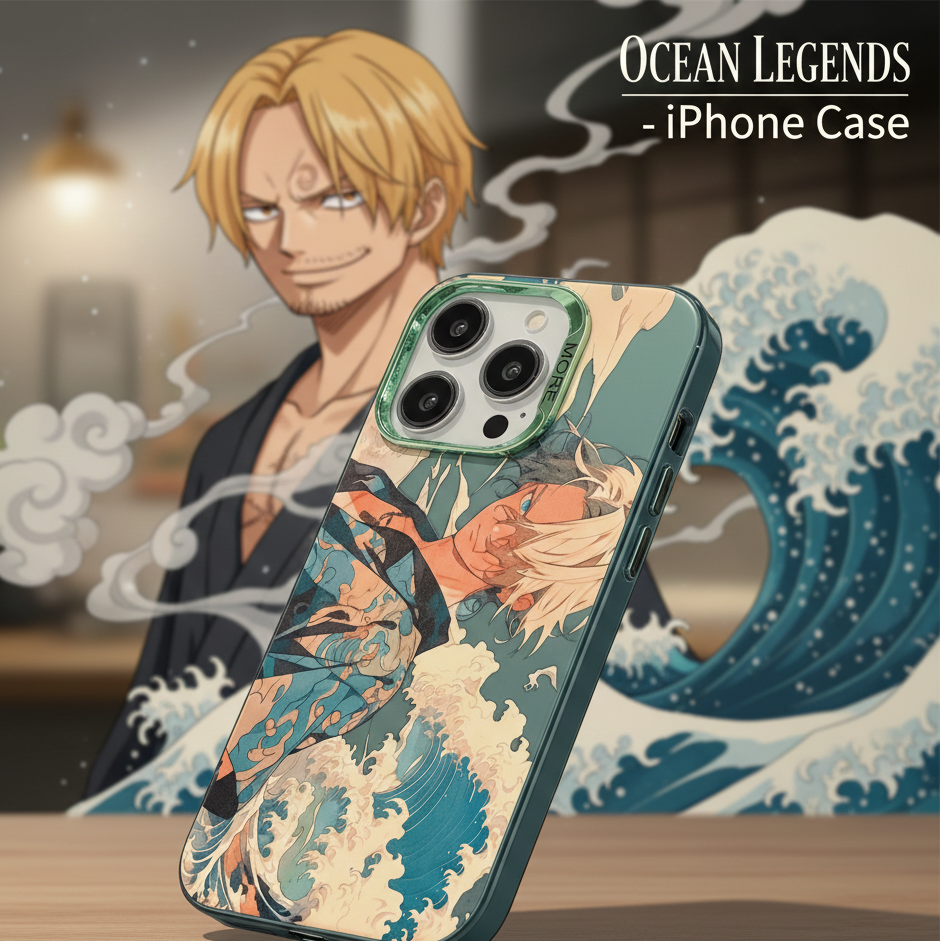 Phone case with anime character design featuring a wave and fish, branded 'Ocean Legends'.