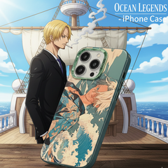 Phone case with ocean-themed design held by a person on a ship deck, with 'Ocean Legends' branding.