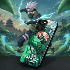 Phone case with Kakashi design in a dynamic pose against a blurred nature background