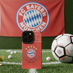 Phone case with FC Bayern Munich logo on a soccer field with ball and banner