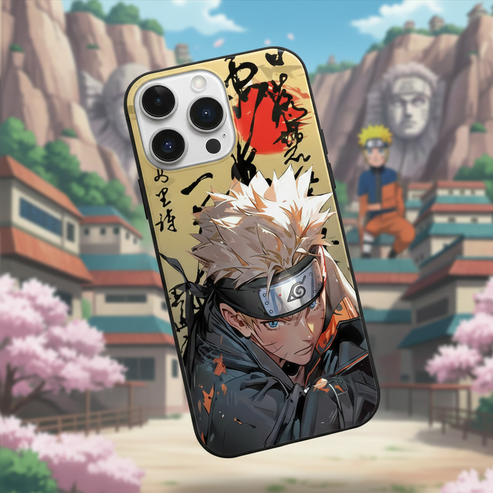 Phone case with anime character design in front of a blurred anime-style village background