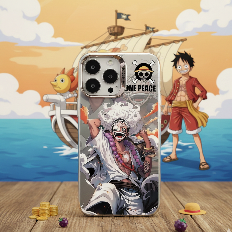 Phone case with character design on a wooden surface with a ship and sea background