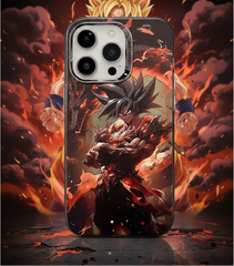 Phone case with a dragon-themed design against a fiery background