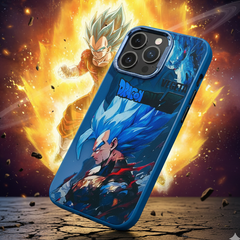 Phone case with character design on a fiery background
