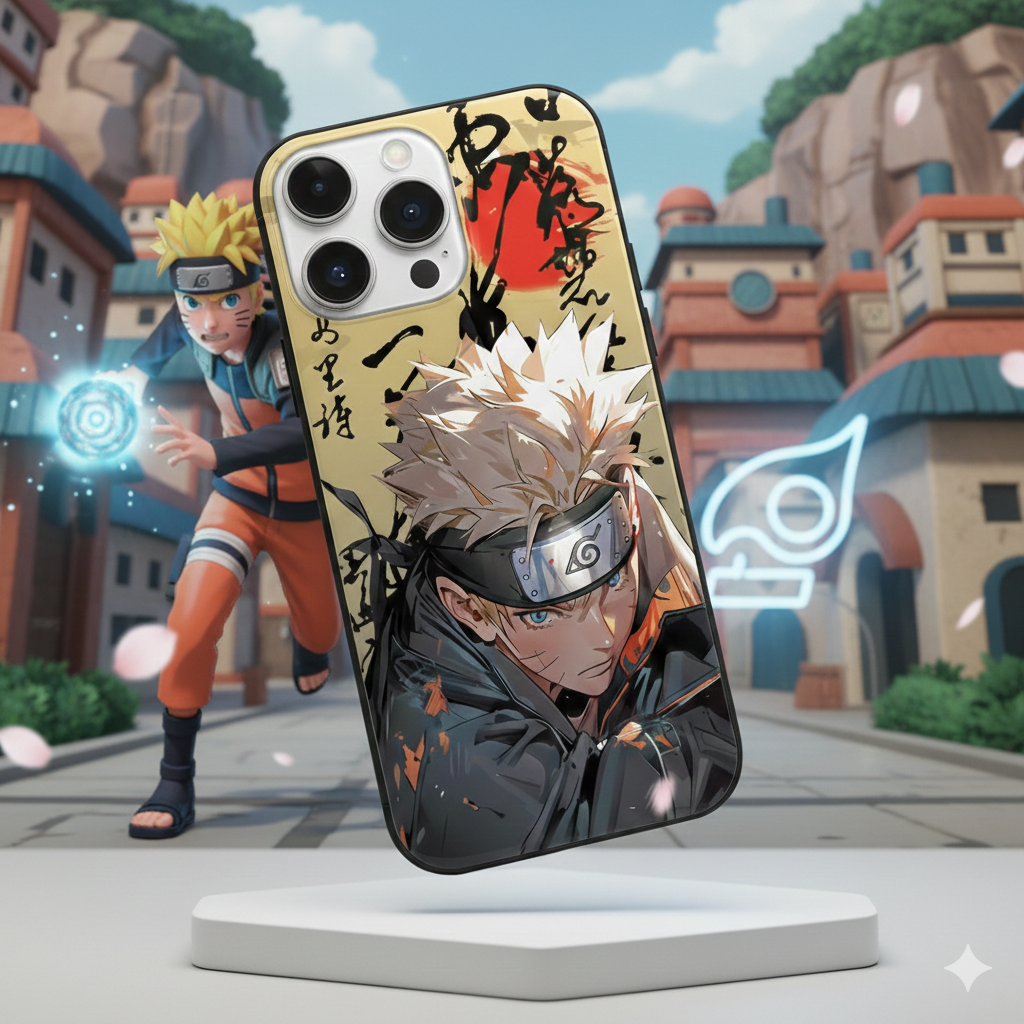 Phone case with anime character design in front of a stylized village background