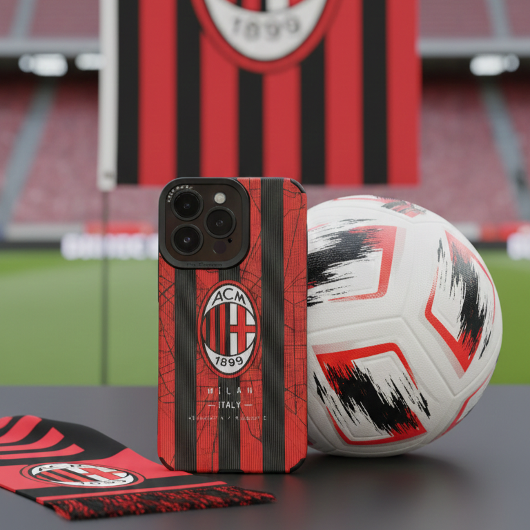 Phone case with soccer ball and scarf on a table in front of a stadium.