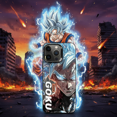 Phone case with Super Saiyan Goku design against a destroyed cityscape background