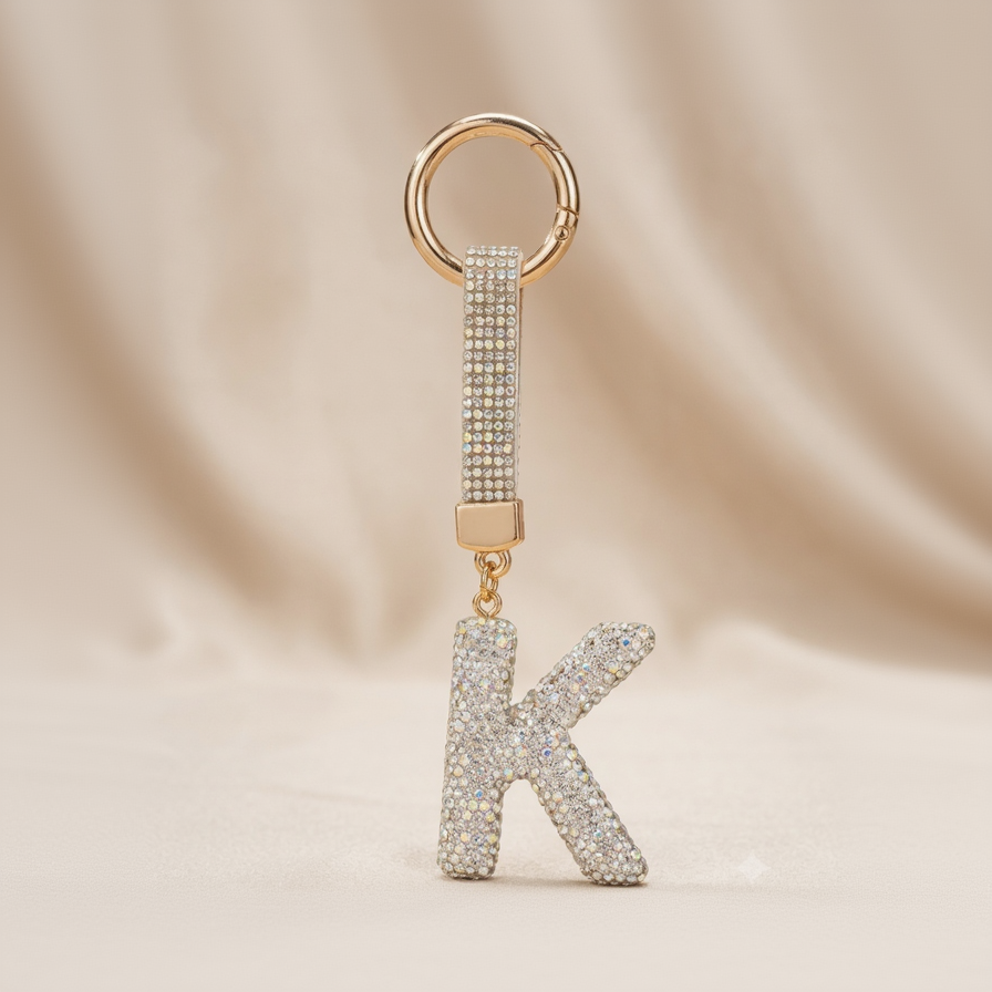 A gold-tone keychain featuring a rhinestone-encrusted letter 'K' charm and a matching rhinestone strap, set against a soft beige fabric background.