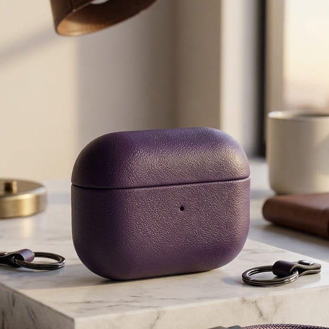 A purple leather AirPods case sits on a white marble block on a desk, surrounded by a brass desk lamp, a coffee mug, a notebook, and a matching purple leather charging cable with a USB-C connector.