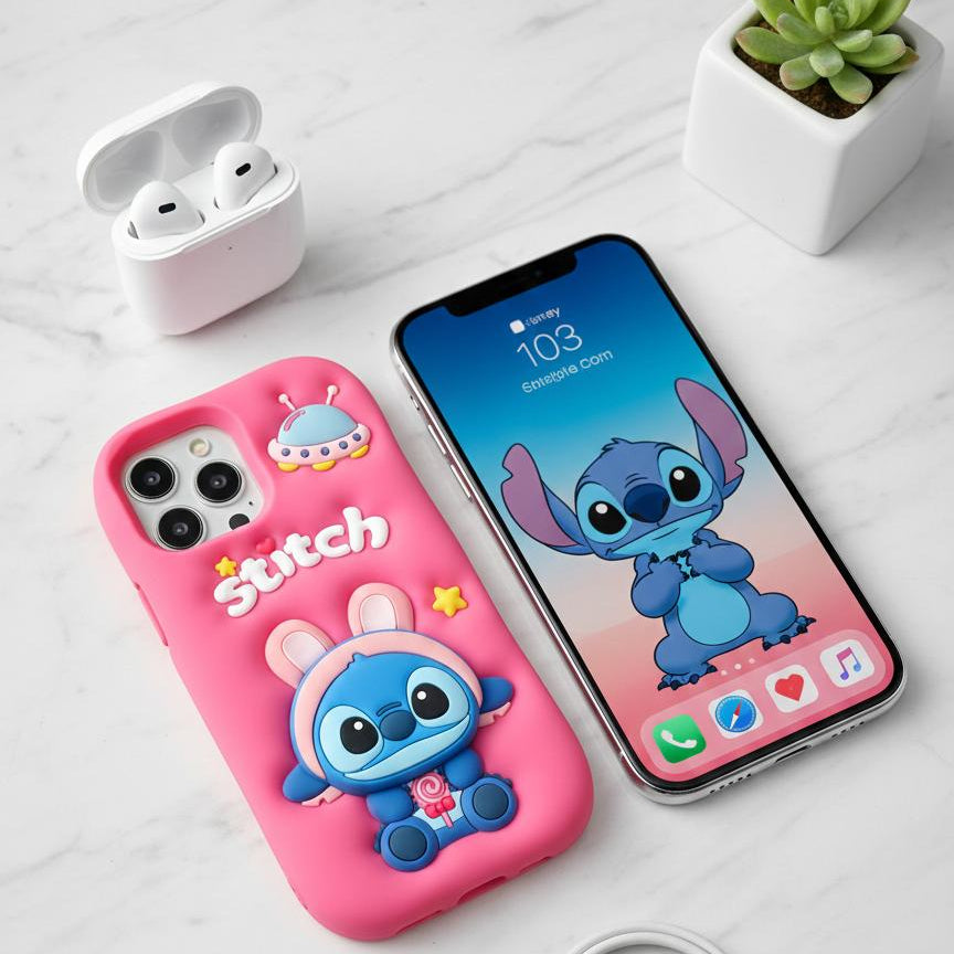 Phone case with cartoon character on a smartphone, next to wireless earbuds and a plant on a light gray surface.