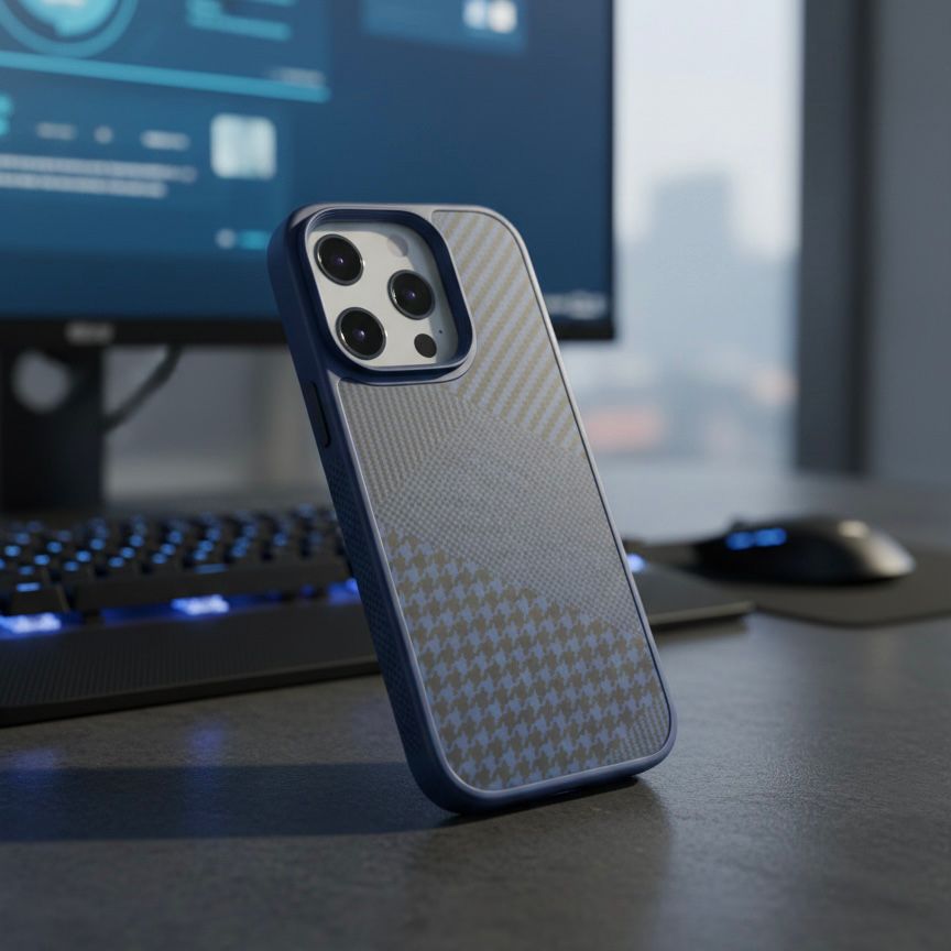 Phone case with a textured pattern on a desk with a computer in the background