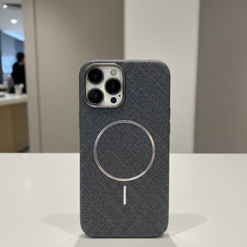 Gray phone case with magnetic design on a white surface