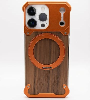 Phone case with wooden back and orange accents on a white background