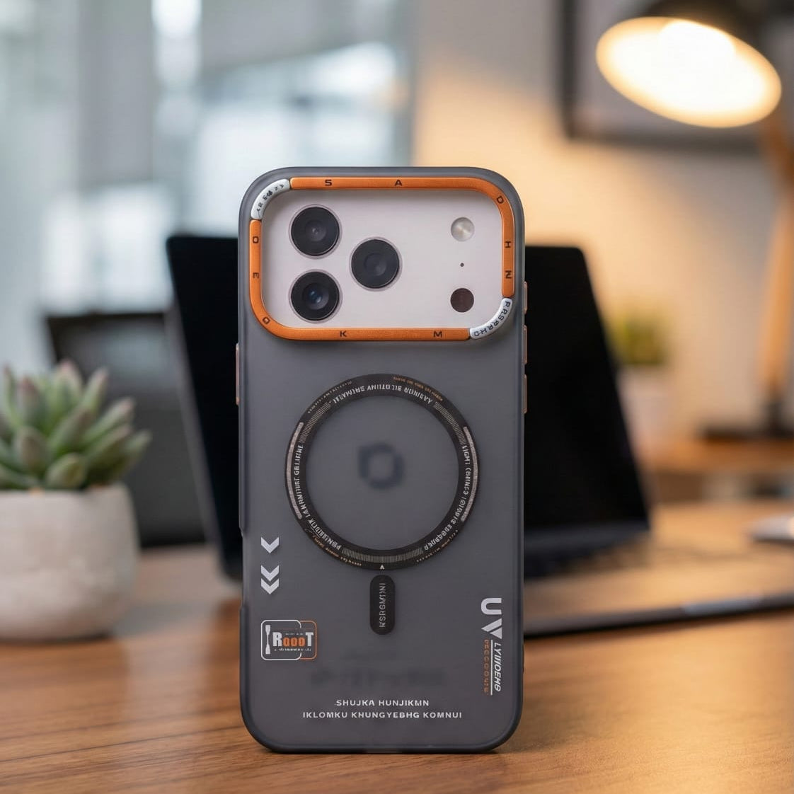 Phone case with unique design on a desk in an office setting