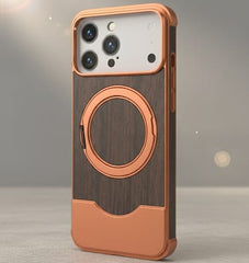 Phone case with wooden texture and metallic accents on a gray background