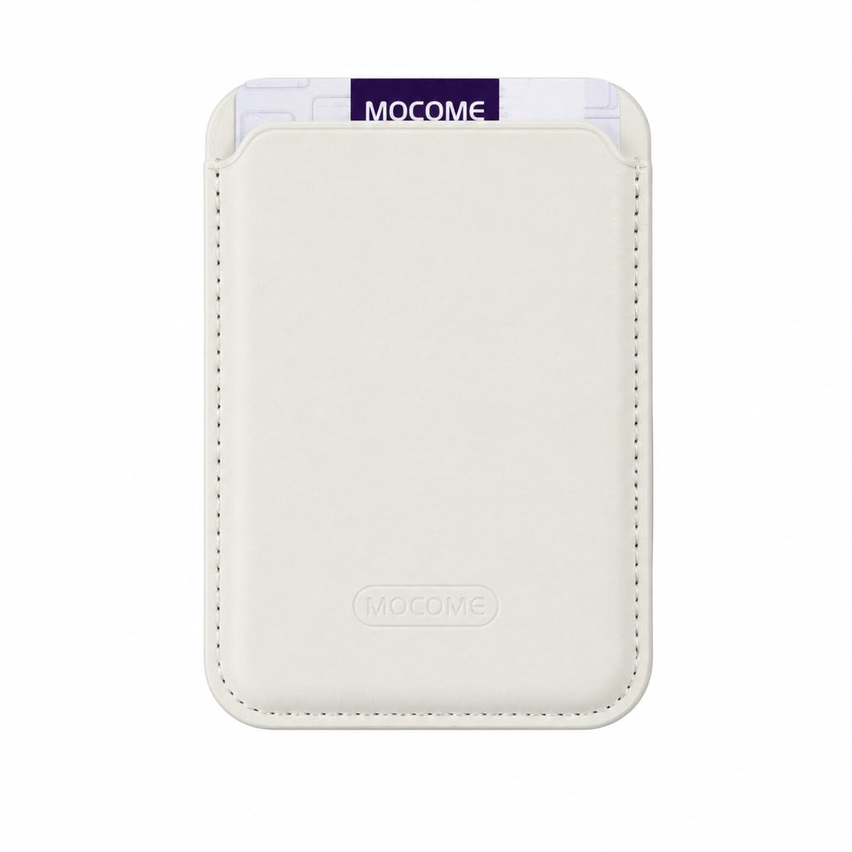 An off-white faux leather card holder wallet with a purple MOCOME brand tab at the top, shown on a solid white background.