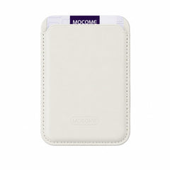 An off-white faux leather card holder wallet with a purple MOCOME brand tab at the top, shown on a solid white background.