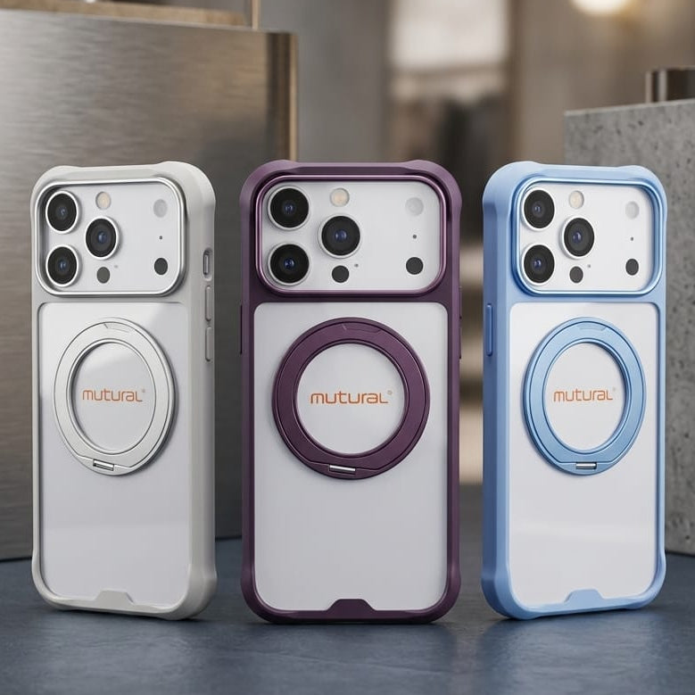 Three phone cases with MagSafe rings are displayed side-by-side on a dark countertop in a modern kitchen setting. The cases are white, purple, and light blue, with the brand name 'nural.