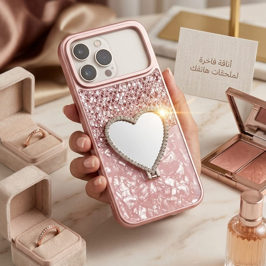 A hand holds a pink glittery phone case with a large rhinestone-embellished heart charm in the center. The scene is styled on a marble surface with jewelry boxes, rings, a compact, and a perfume bottle in the background.