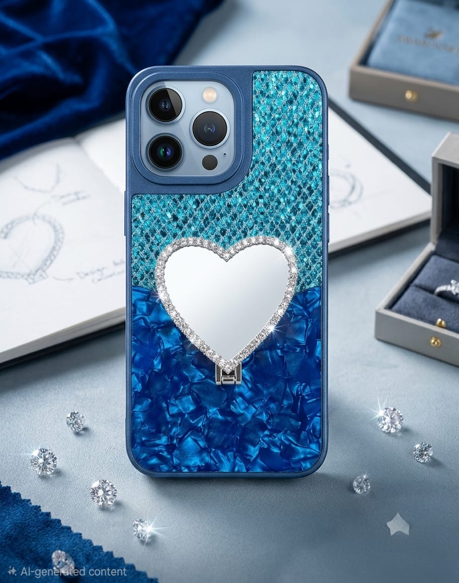 A blue phone case with a textured glitter finish, featuring a large rhinestone-trimmed heart-shaped mirror in the center. The case is displayed on a styled flat-lay surface with jewelry boxes, diamonds, and blue fabric.