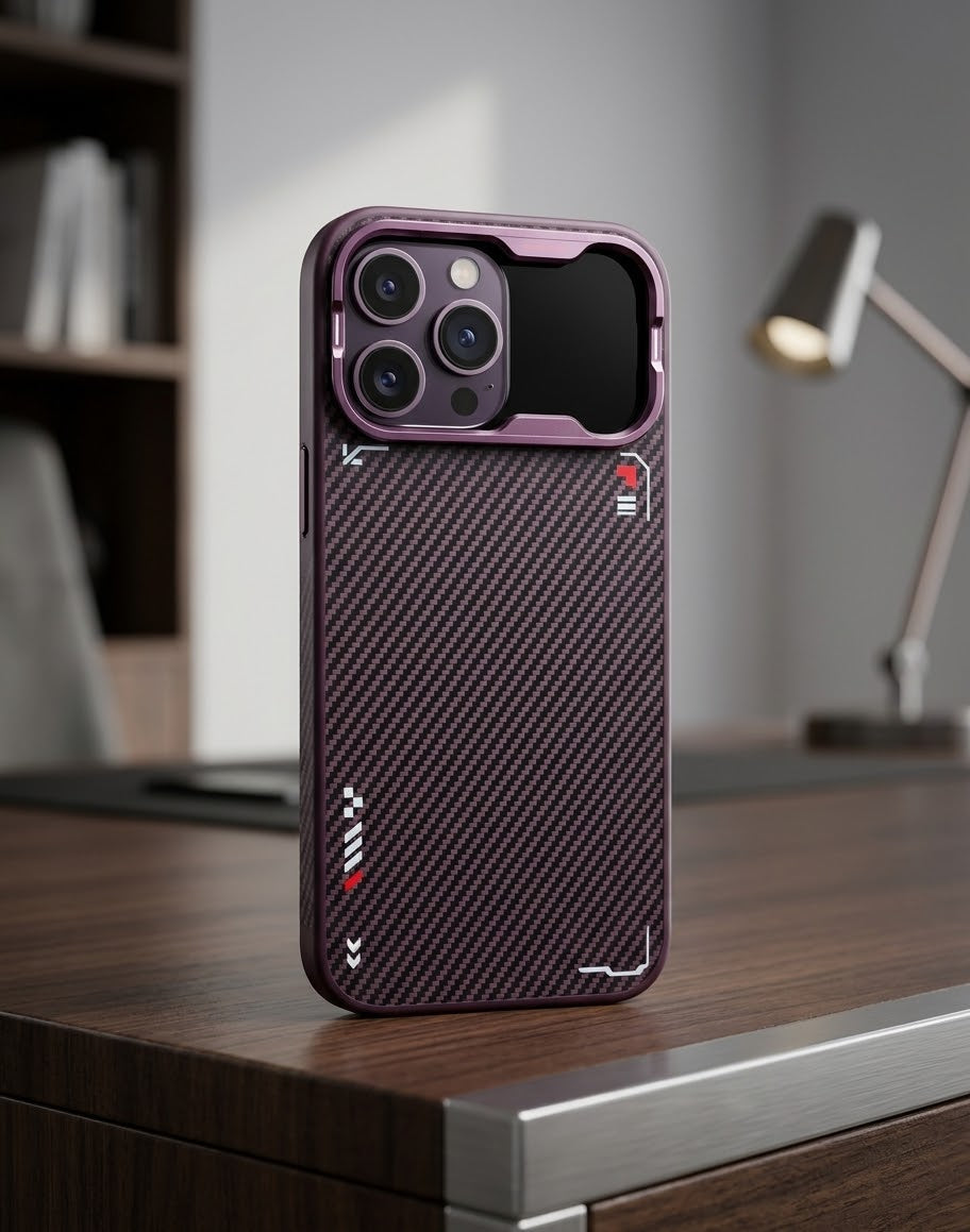 Cyberpunk Futuristic Carbon Fiber Case with Metallic Camera Frame for iPhone