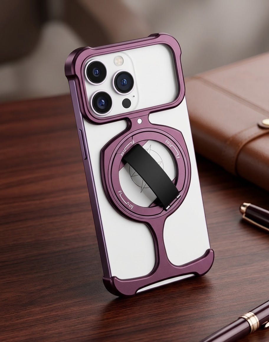 Magnetic Metal Frameless Bumper Case with Kickstand & Finger Grip Strap for iPhone