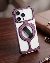 Magnetic Metal Frameless Bumper Case with Kickstand & Finger Grip Strap for iPhone