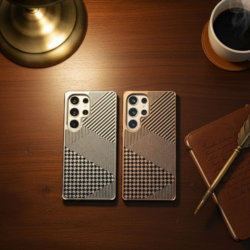 Two phone cases with geometric patterns on a wooden surface with a lamp and notebook.