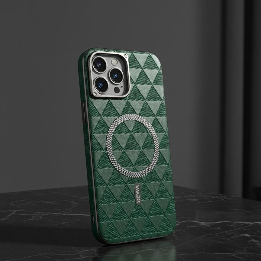 Green geometric patterned phone case on a dark surface with a dark background