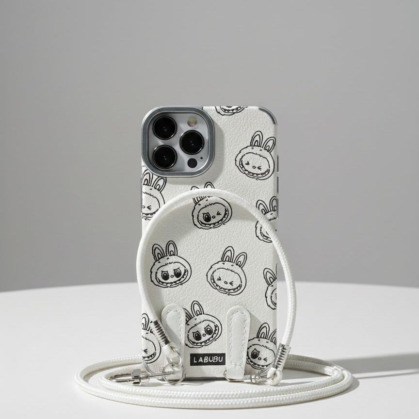 Phone case with bunny pattern and matching cable on a gray background