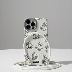 Phone case with bunny pattern and matching cable on a gray background