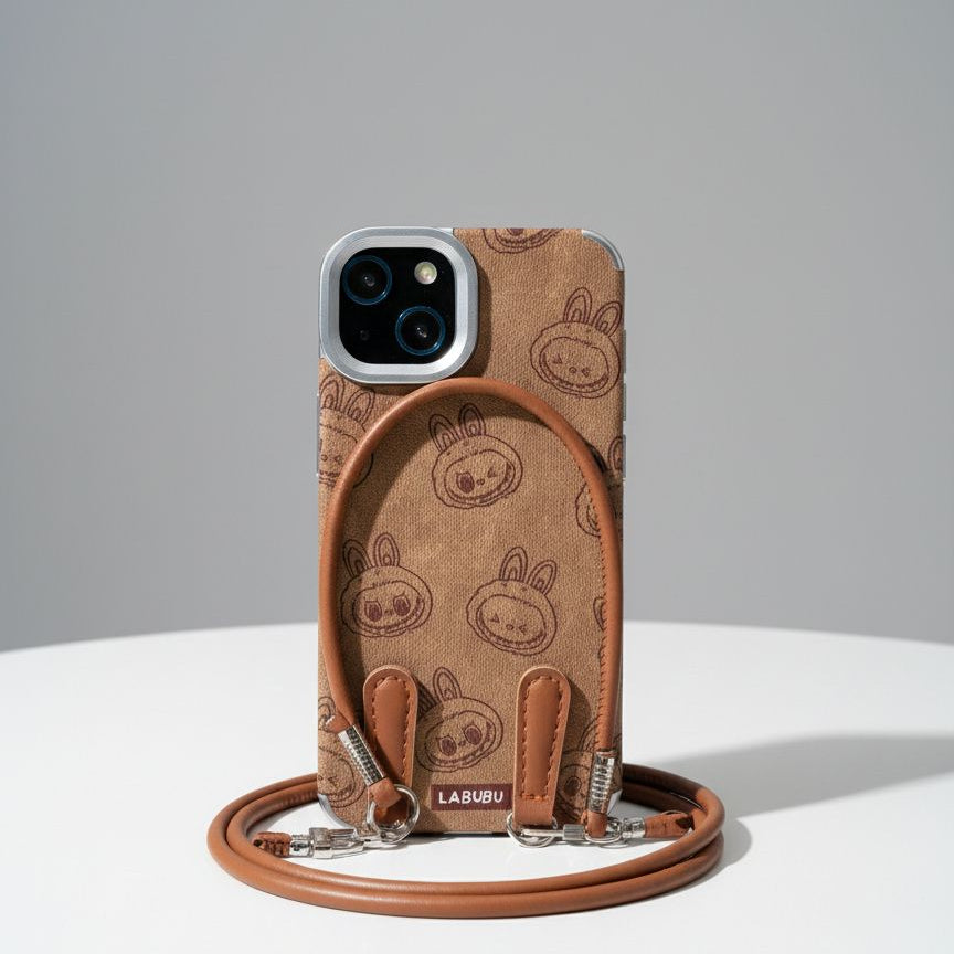 Brown phone case with a strap on a white surface