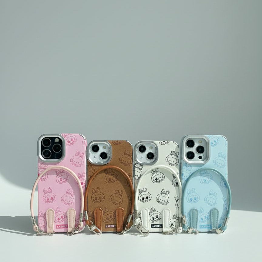 Four phone cases with different designs on a light gray background