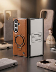 Premium Magnetic Leather Case with Built-in Ring Kickstand & Screen Protector for Galaxy Z Fold