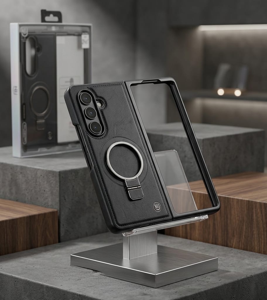 Premium Magnetic Leather Case with Built-in Ring Kickstand & Screen Protector for Galaxy Z Fold