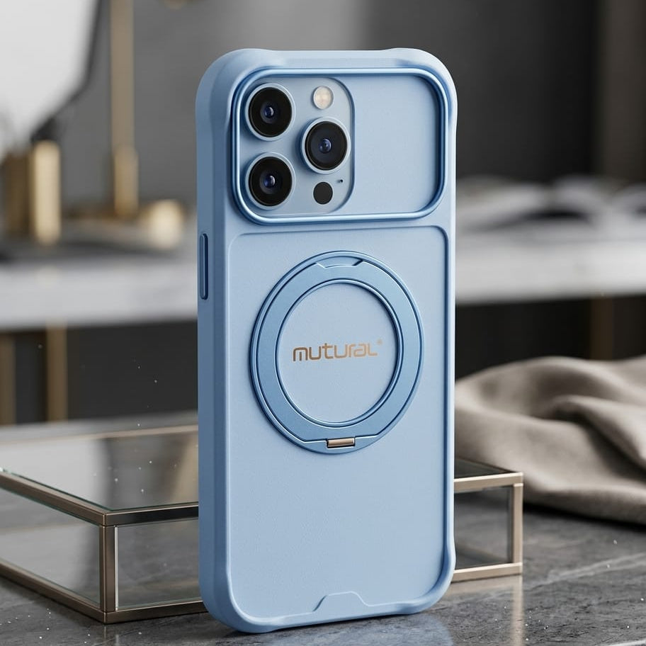 A light blue protective phone case with a built-in circular magnetic ring and kickstand, shown on a smartphone. The case features the brand name 'mUTUAL' printed in gold on the ring.