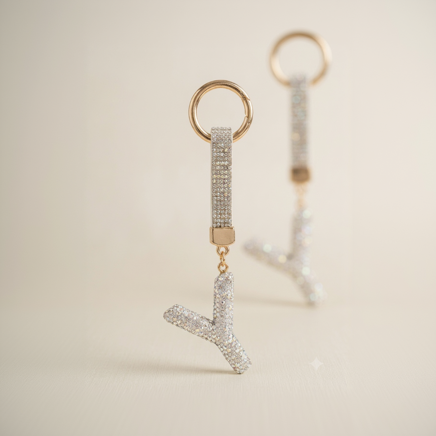 A close-up of a gold-tone keychain with a rectangular rhinestone-encrusted bar and a dangling rhinestone letter Y charm, shown against a soft beige background with a blurred duplicate in the background.