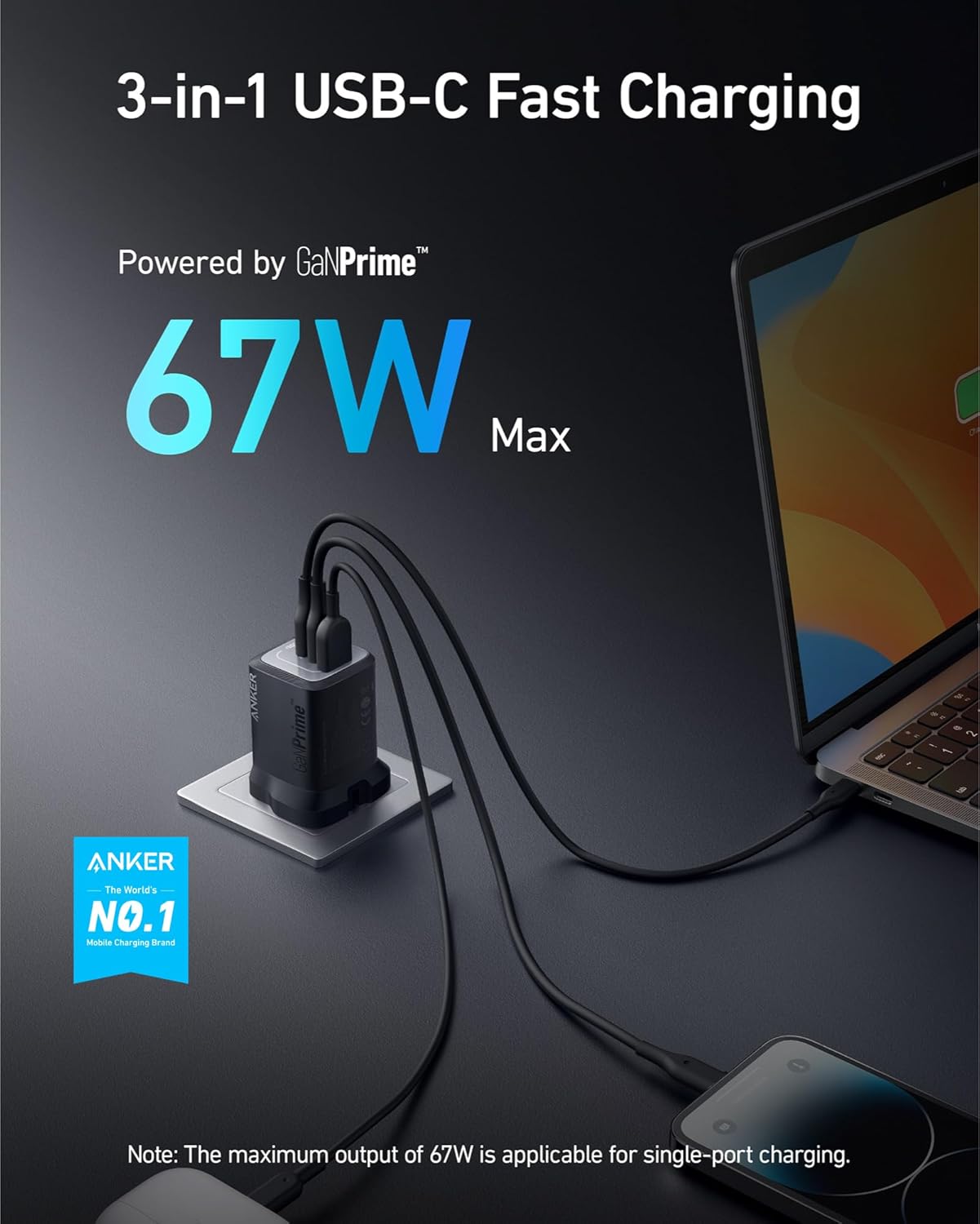 Anker 3 - Port Ultra - Fast Charger (67W, 3 Ports) - Black - Elite Phones