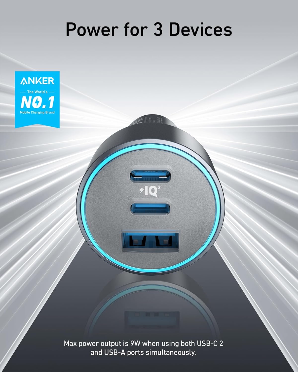 Anker 67W Powerful Triple - Port Car Charger (67W, 3 Ports) - Black - Elite Phones