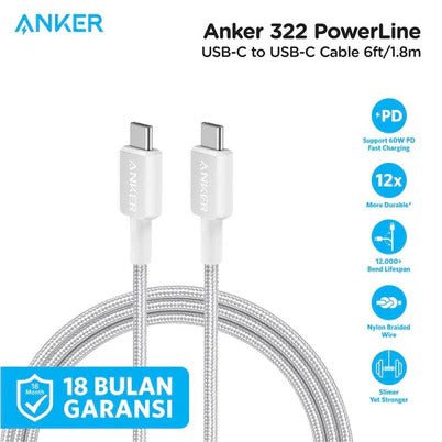 Anker Type - C To Type - C Cable (6ft, 60W, Braided) - White - Elite Phones