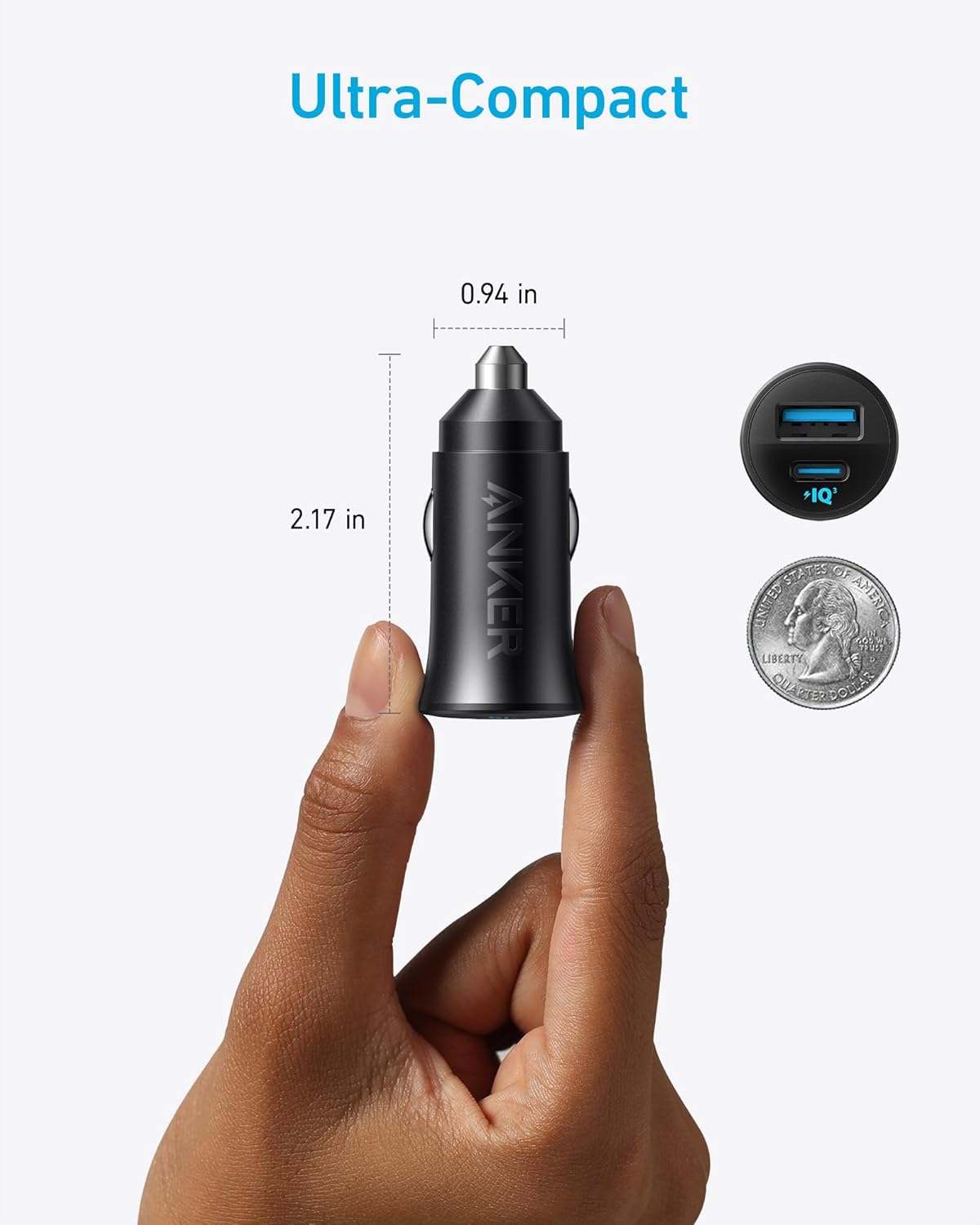 Anker Ultra - Compact 24W Car Charger With 2 PowerIQ Ports - Power Drive 2 Alloy - Black - Elite Phones