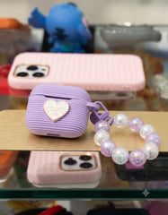 Cute Ribbed Purple AirPods Case with Heart Emblem and Beaded Wristlet Charm - Elite Phones