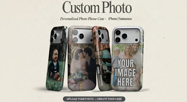 Four personalized photo phone cases with customizable text on a beige background
