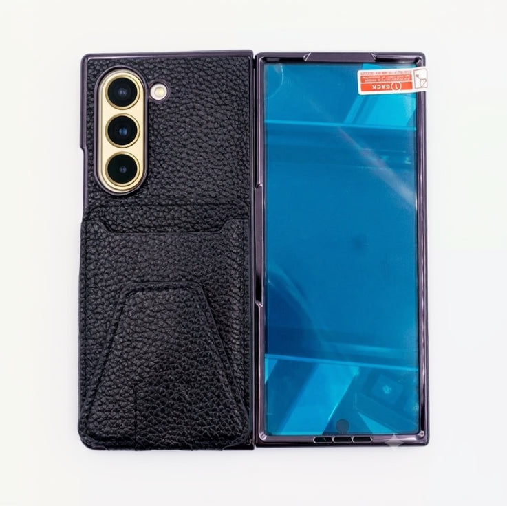 Black textured leather folio phone case shown open next to a smartphone with a blue screen protector applied, on a white background.
