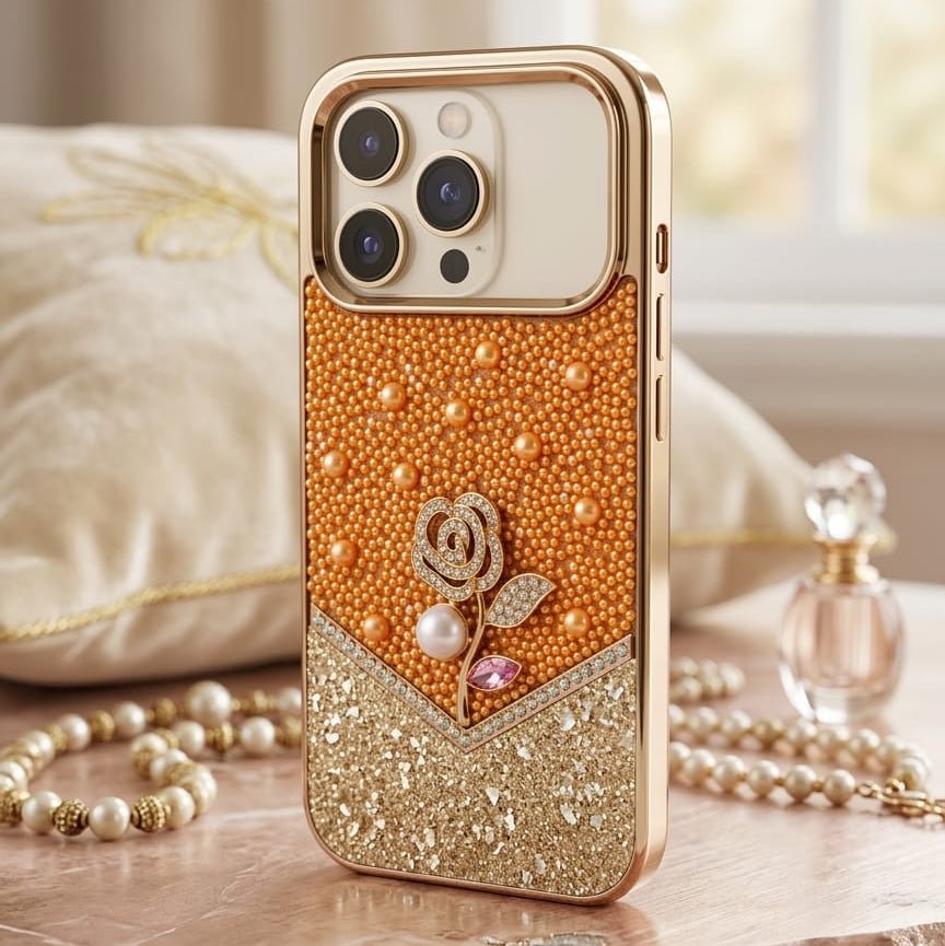 Golden Amber Pearl & Diamond Rose Luxury Heirloom Case - Elite Phones