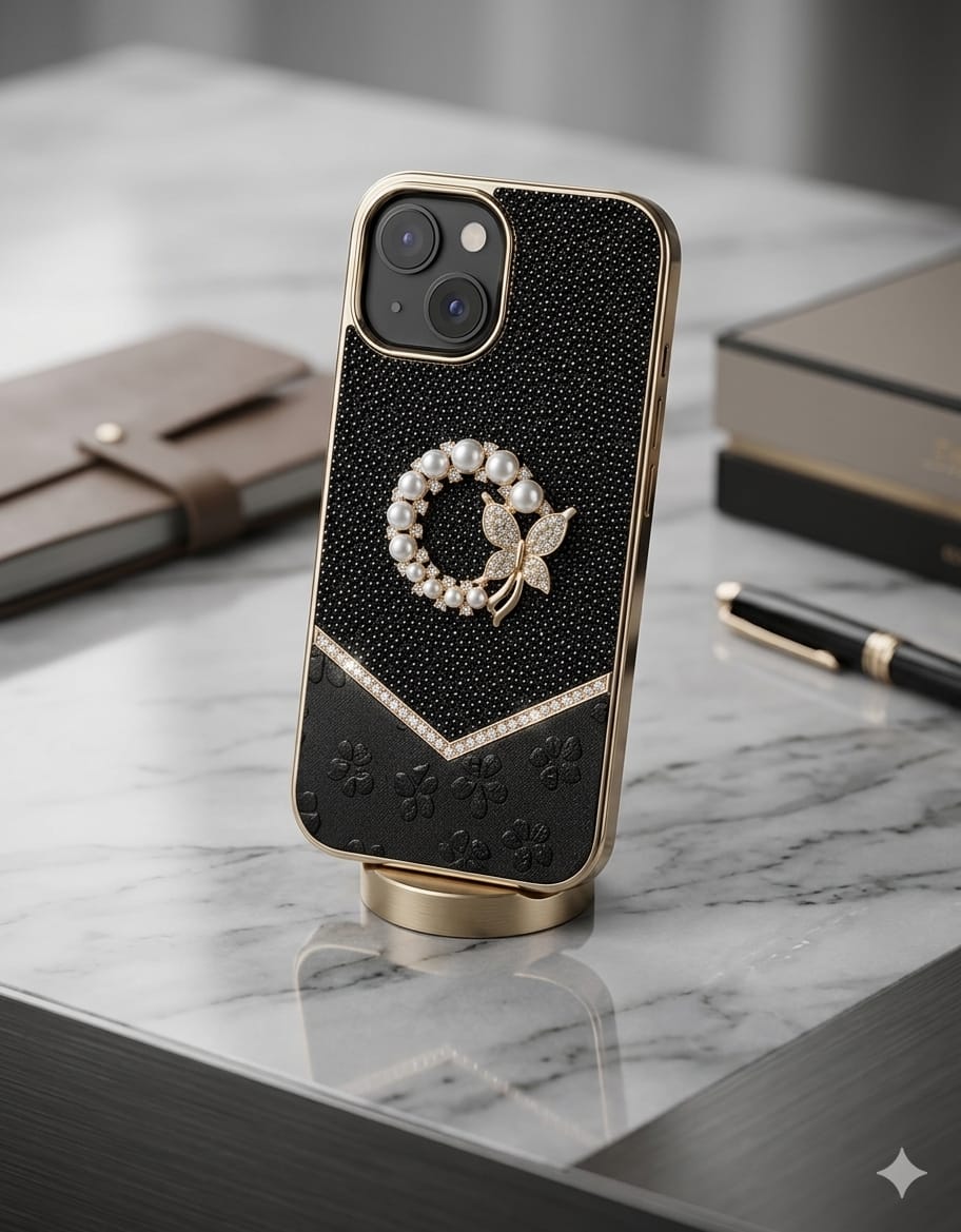 Golden Amber Pearl & Diamond Rose Luxury Heirloom Case - Elite Phones