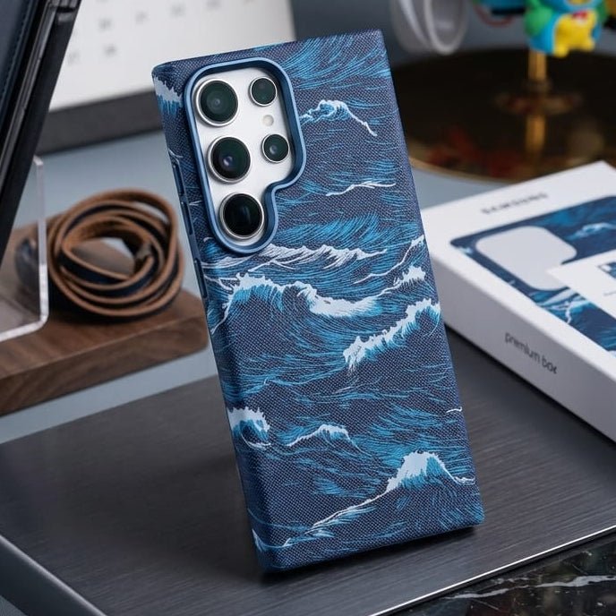 Japanese Art Ukiyo-e Ocean Wave Texture Leather Case For Samsung - Elite Phones